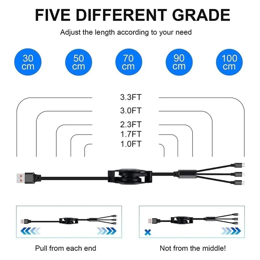 Aywenny 3-Pack 3-in-1 Retractable USB Multi Charging Cable with Type-C, Micro US